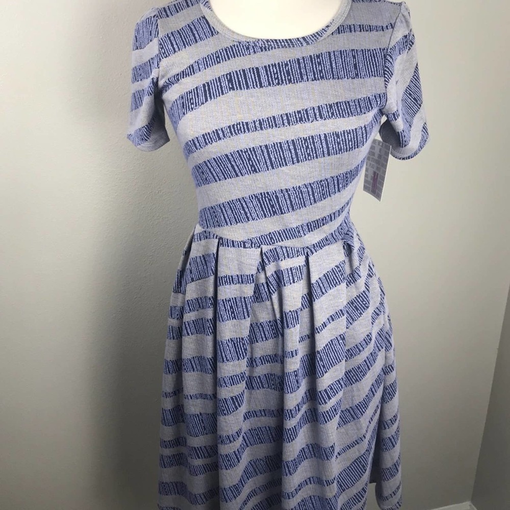 LuLaRoe Amelia Dress Gray Blue Yellow Stripes